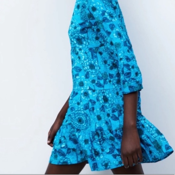 Zara Floral Print Tiered Dress Blue Size Small - Picture 2 of 16